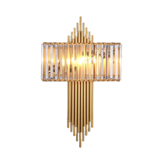 Modern Clear Crystal Wall Sconce With 2 Golden Lights For Bedside - 14.5/16.5 W Rectangular Lighting