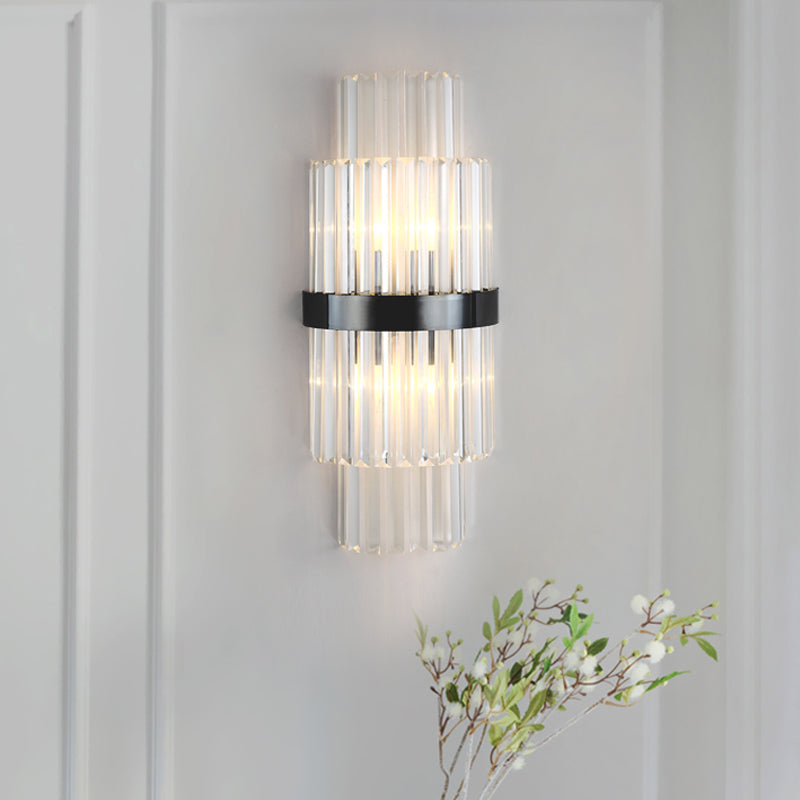 Modern Prism Crystal Wall Mount Lamp With 2 Tiers Bulbs And Black Half-Cylinder Shade