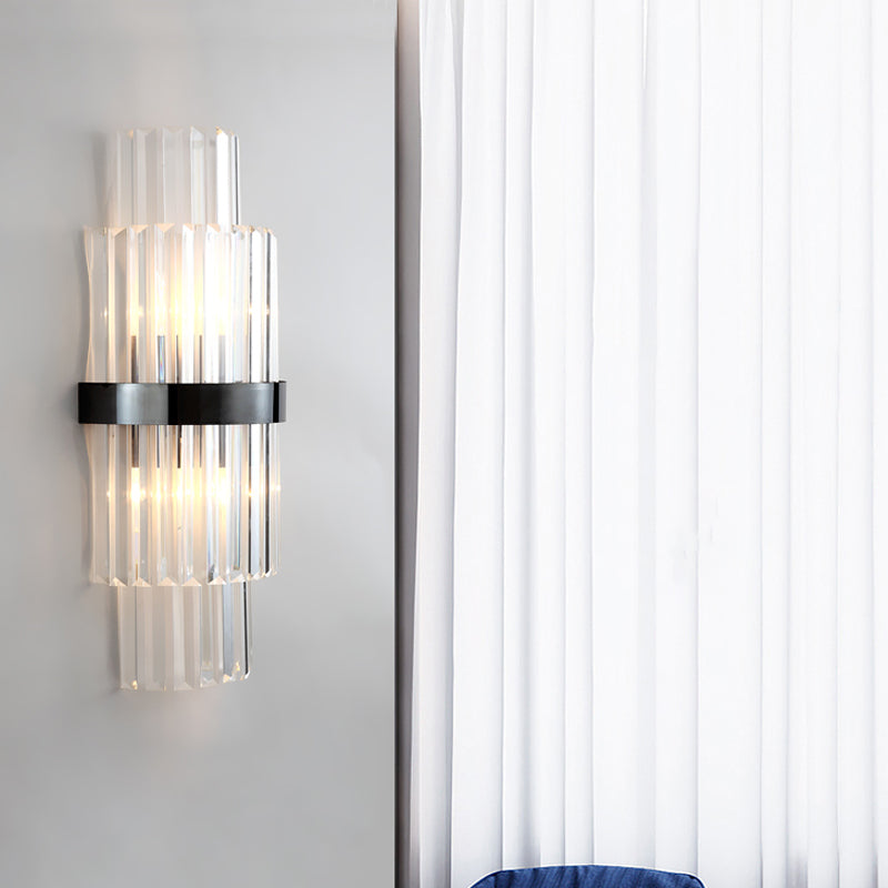 Modern Prism Crystal Wall Mount Lamp With 2 Tiers Bulbs And Black Half-Cylinder Shade