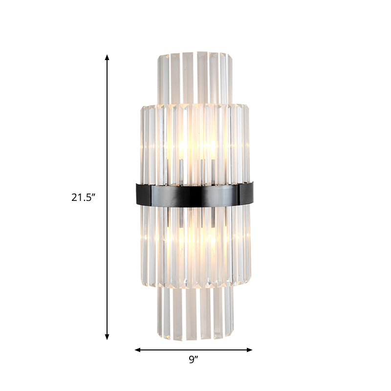 Modern Prism Crystal Wall Mount Lamp With 2 Tiers Bulbs And Black Half-Cylinder Shade