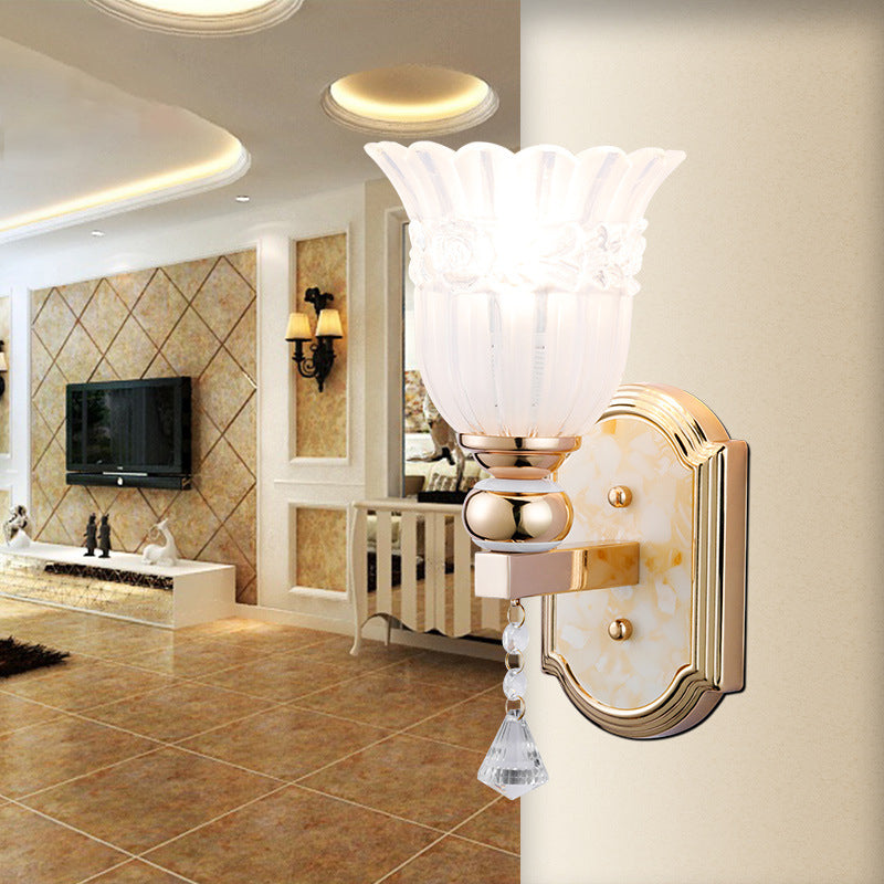 Country Style Frosted Glass Floral Wall Sconce Lamp - Gold Finish Lighting Fixture For Corridor