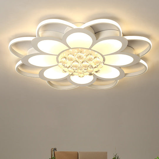 Warm/White/3 Color Led Crystal Flush Light - Simple White Floral Living Room Mount Lamp Multiple