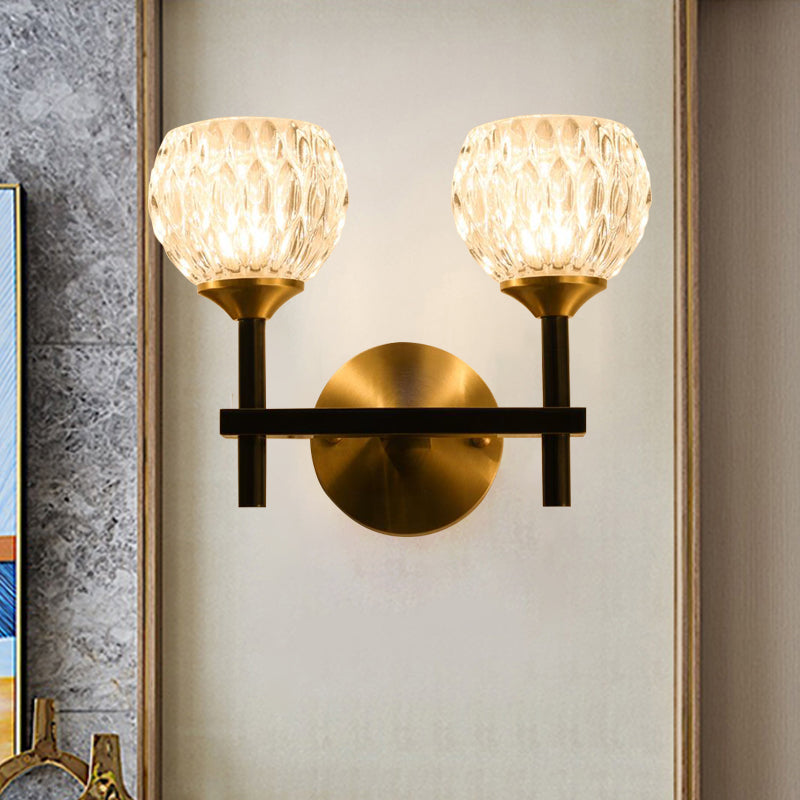 Modern Black And Gold Wall Light With Clear Dimpled Glass For Living Room
