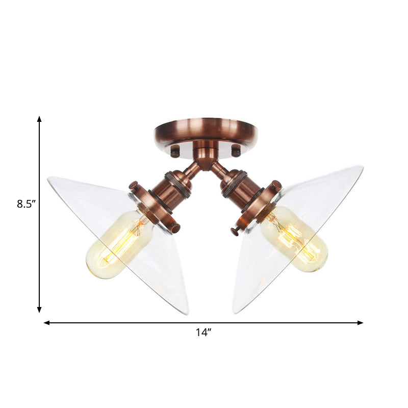 Industrial Style Clear Glass Semi Flush Mount Ceiling Light With 2 Lights For Conical Restaurants