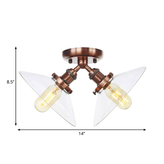 Industrial Style Clear Glass Semi Flush Mount Ceiling Light With 2 Lights For Conical Restaurants