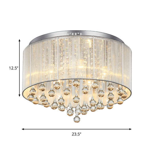 Contemporary Silver Flush Mount Drum Light With 6-Light Crystal Fixture For Bedrooms