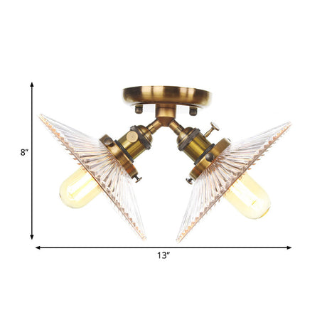 Flared Shade Ceiling Mount Light With Clear Ribbed Glass - 2 Heads Ideal For Restaurants Black/Brass