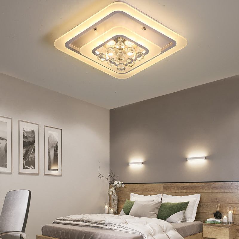 Square Crystal Led Flush Ceiling Light - 19.5’/23.5’/27.5’ Sizes Modern White Design