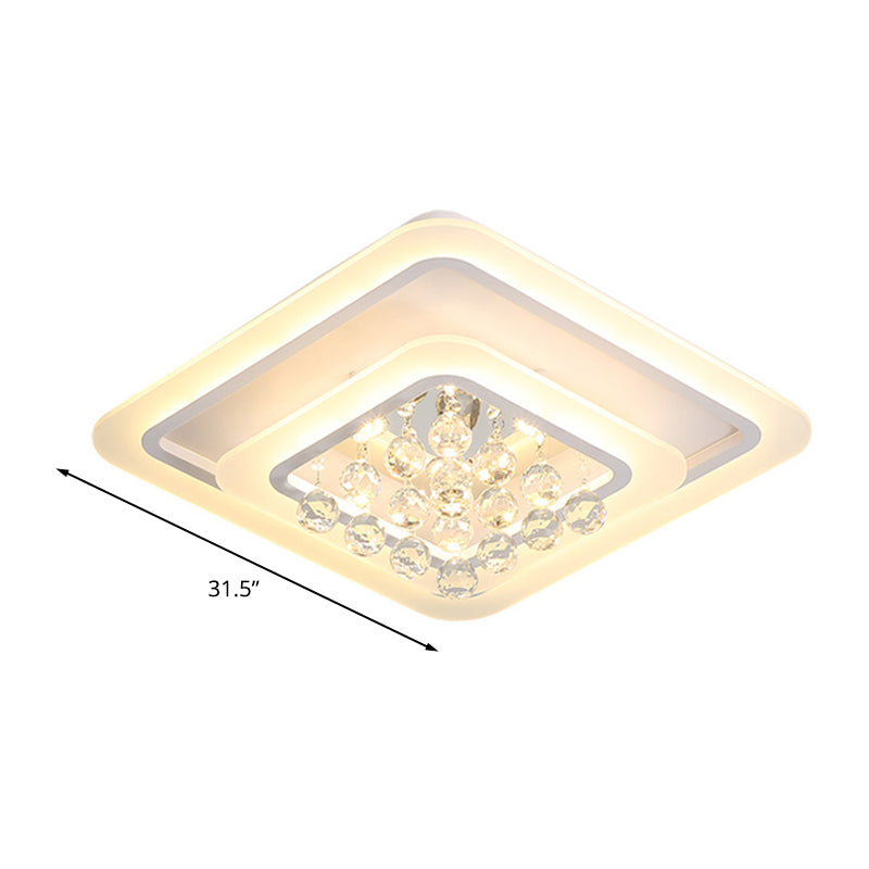 Square Crystal Led Flush Ceiling Light - 19.5’/23.5’/27.5’ Sizes Modern White Design