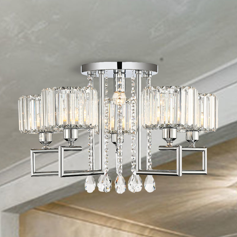 Ribbed Crystal Drum Flush Ceiling Light - Stylish Silver Semi Lamp With Scroll Frame (4/6 - Light)