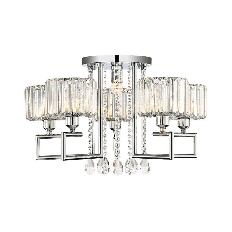 Ribbed Crystal Drum Flush Ceiling Light - Stylish Silver Semi Lamp With Scroll Frame (4/6 - Light)