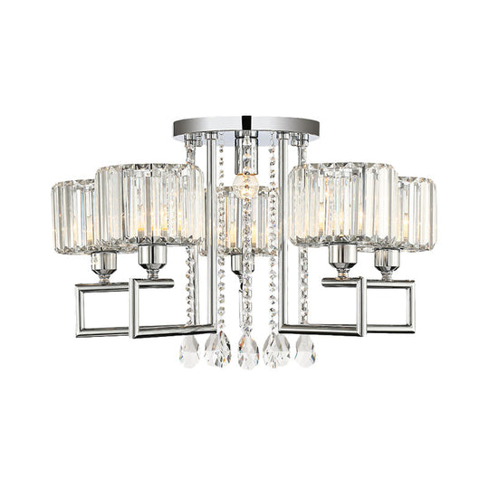 Ribbed Crystal Drum Flush Ceiling Light - Stylish Silver Semi Lamp With Scroll Frame (4/6 - Light)