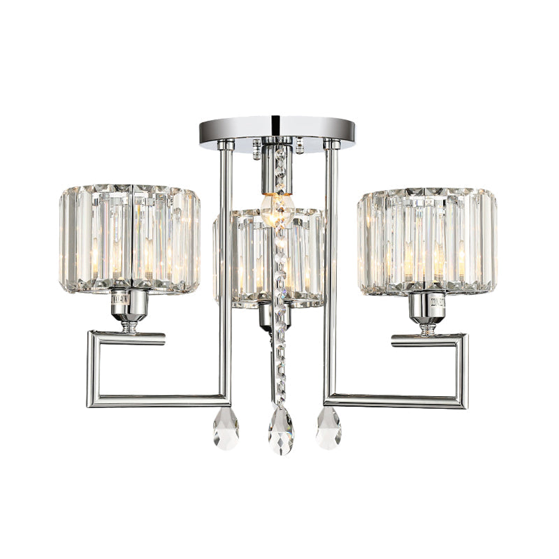 Ribbed Crystal Drum Flush Ceiling Light - Stylish Silver Semi Lamp With Scroll Frame (4/6 - Light)