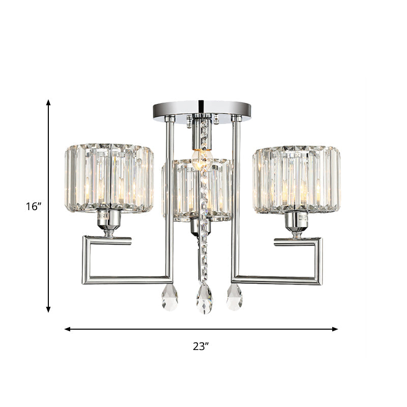 Ribbed Crystal Drum Flush Ceiling Light - Stylish Silver Semi Lamp With Scroll Frame (4/6 - Light)