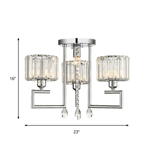 Ribbed Crystal Drum Flush Ceiling Light - Stylish Silver Semi Lamp With Scroll Frame (4/6 - Light)