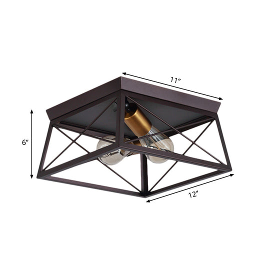 Industrial Style Metal Flush Ceiling Light Fixture - 10’/12’ Wide 2 Bulbs Coffee Tone Ideal For