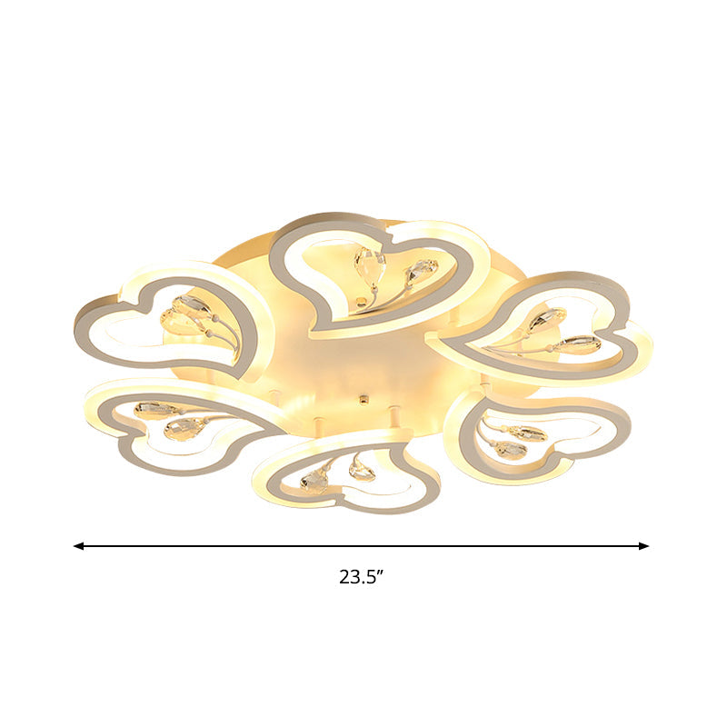 White Heart Shape Led Acrylic Ceiling Lamp - Modern Semi Flush Light With Crystal Accent
