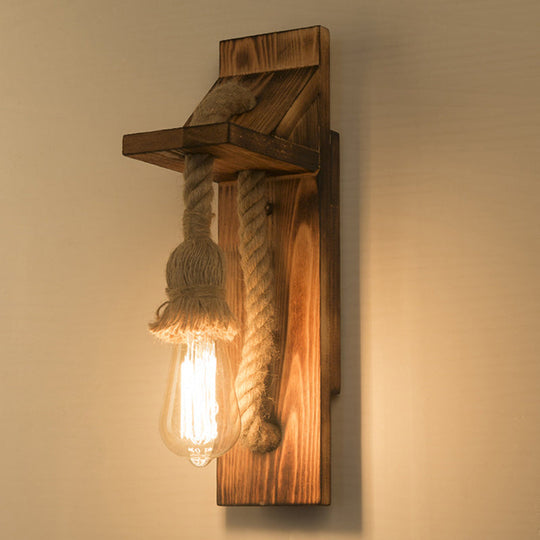Rustic American Wooden Wall Sconce With Natural Rope Light For Restaurants & Coffee Shops