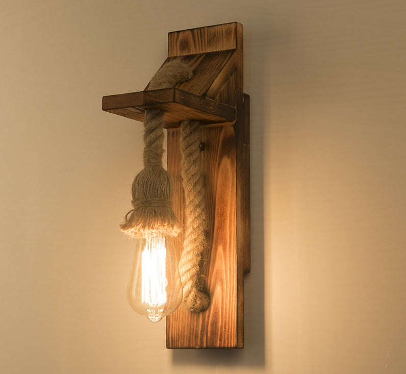 Rustic American Wooden Wall Sconce With Natural Rope Light For Restaurants & Coffee Shops