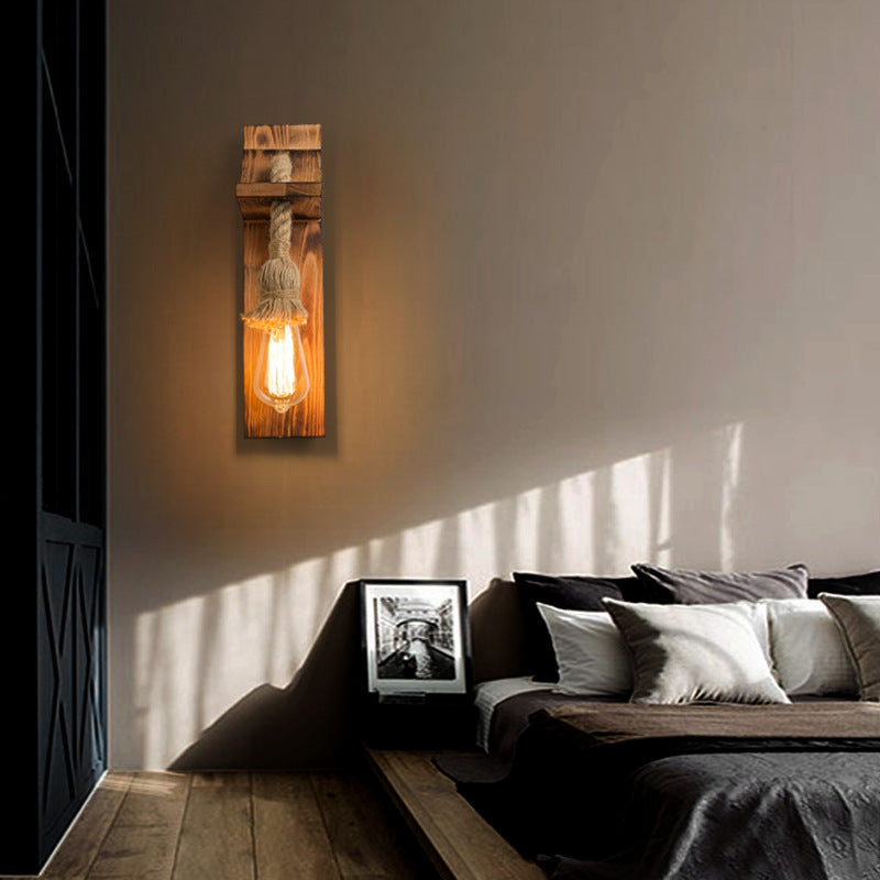 Rustic American Wooden Wall Sconce With Natural Rope Light For Restaurants & Coffee Shops