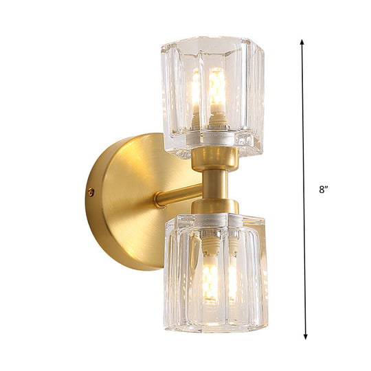 Modern Gold Wall Sconce Lamp With Clear Crystal 2 Bulbs - Tapered Living Room Lighting