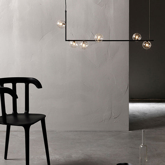 Modern Minimalism Black Linear 6-Light Island Pendant Lighting With Sphere Glass Shade For Living