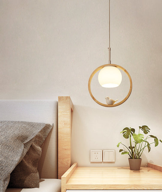 Contemporary Round Natural Wood Pendant Light - Bedroom Hanging Lamp With Bird Accent