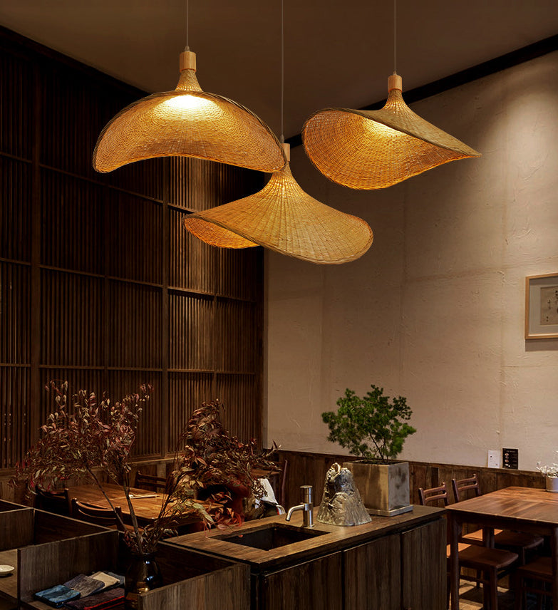 Beige Straw Hat Shape Hanging Lamp Kit Asian 1-Light Rattan Ceiling Pendant Light For Dining Table