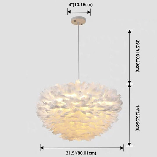 Modern Nordic White Feather Globe Pendant Light For Bedroom Ceiling