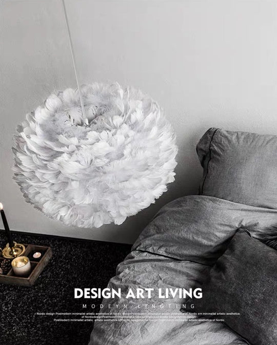 Modern Nordic White Feather Globe Pendant Light For Bedroom Ceiling