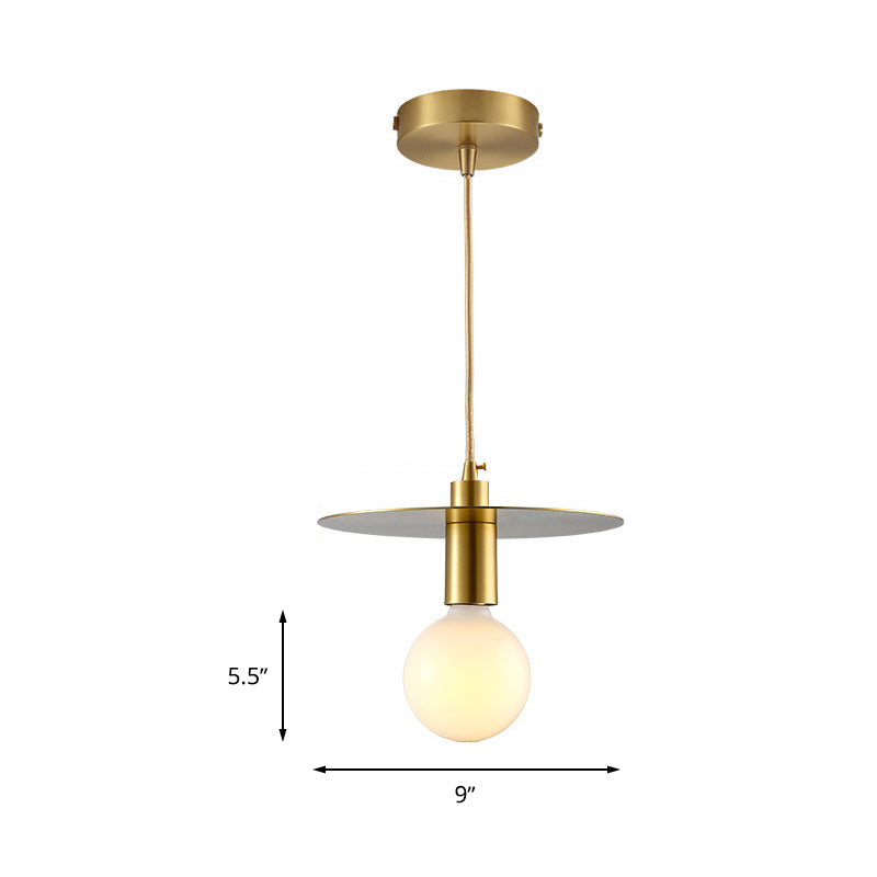 Postmodern White Glass Globe Pendant Light With Gold Metal Disc Shade - Bedroom Hanging Lamp Kit