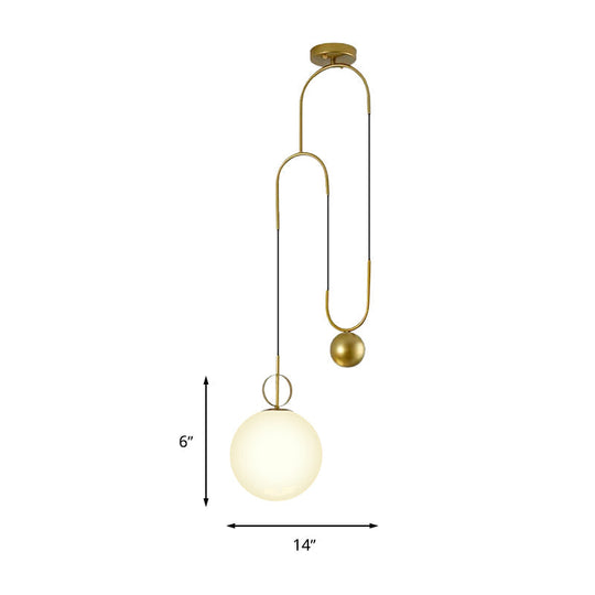 Modern White Glass Sphere Pendant Light With Gold Accents - Bedroom Hanging Fixture