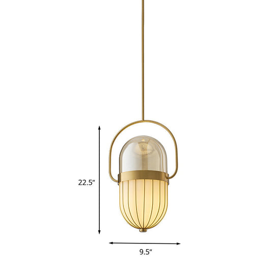 Lampe à suspension en forme de capsule en verre transparent et blanc postmoderne - Plafonnier de salle à manger à 1 tête en or