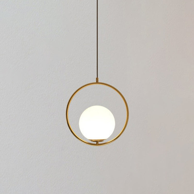 Mid-Century Modern White Glass Hanging Pendant Light For Bedroom - 1-Light Fixture Gold / Circle