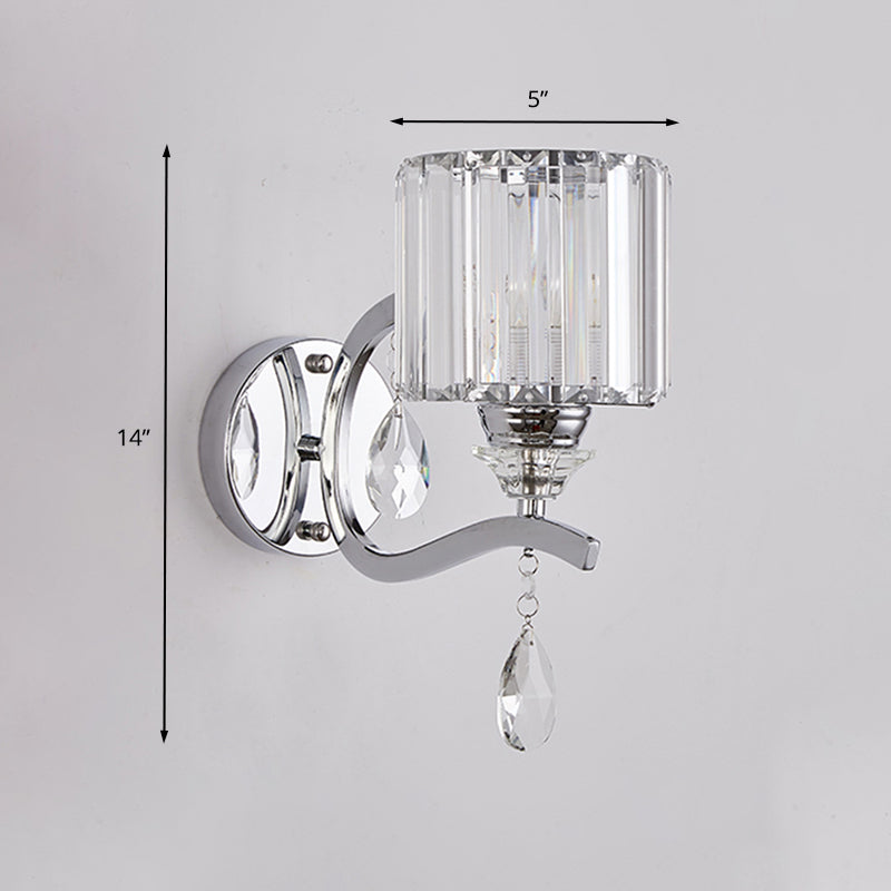 Modern Crystal Block Cylinder Wall Sconce In Chrome - Bedroom Light Fixture