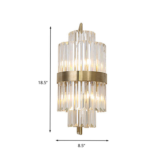 Postmodern Crystal Block Wall Sconce In Gold With 2 Cylinder Lights - Ideal For Corridors