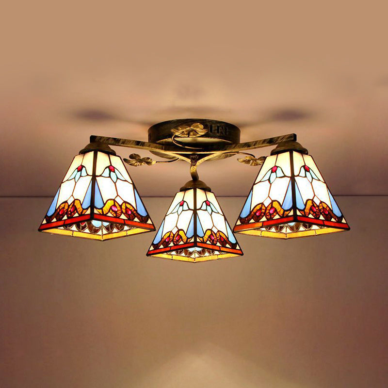 Retro Style Geometric Stained Glass Ceiling Light Fixture - 3 Lights With Wire Mesh And Elegant