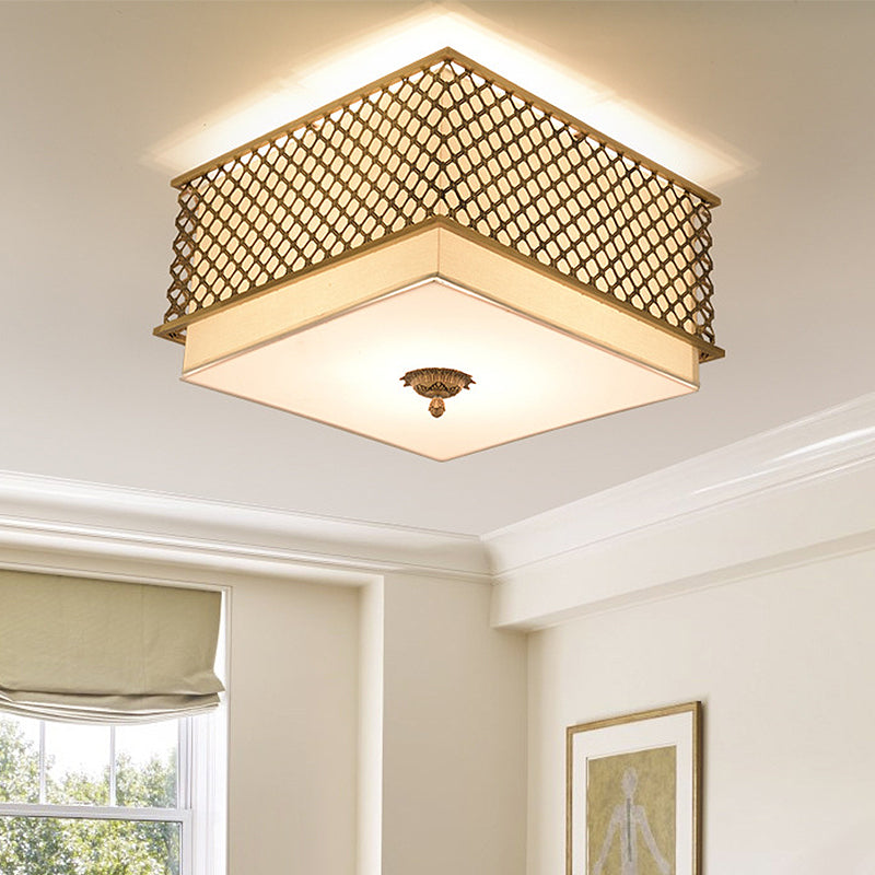 Traditional Square Metal Flushmount Lighting In Brass For Bedroom - 5 Lights 16’/19.5’ Wide