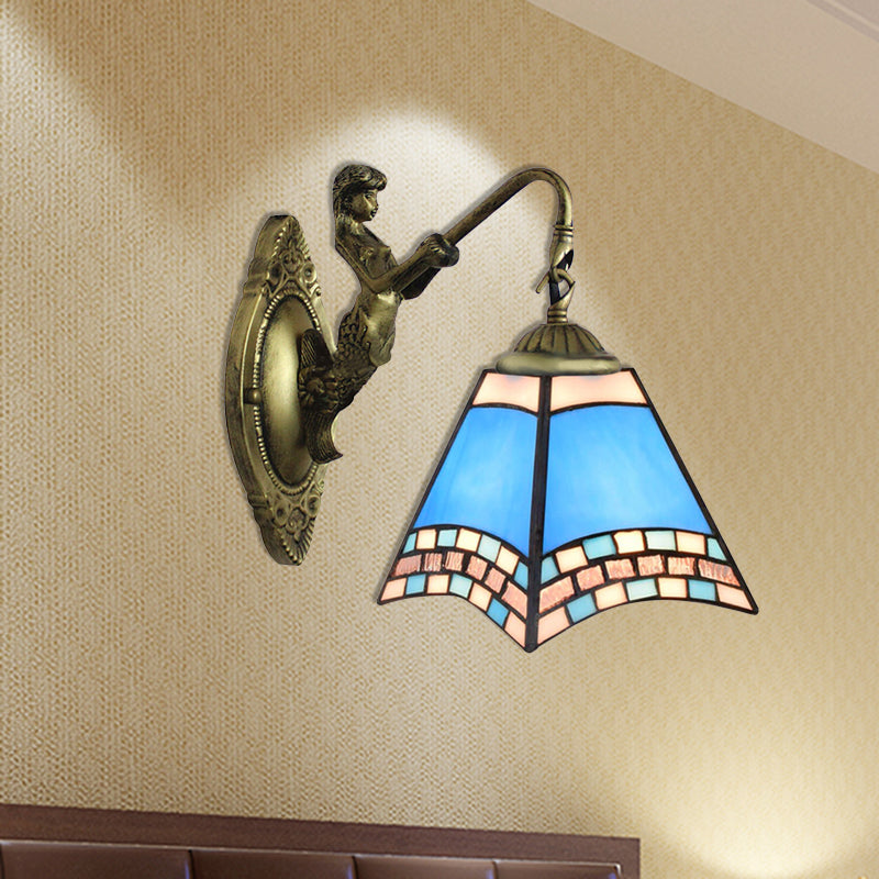 Mediterranean Blue Glass Sconce Light With Mermaid Backplate - Pyramid Wall Fixture