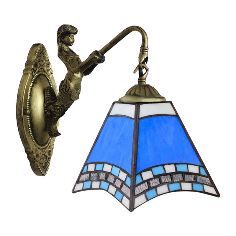 Mediterranean Blue Glass Sconce Light With Mermaid Backplate - Pyramid Wall Fixture