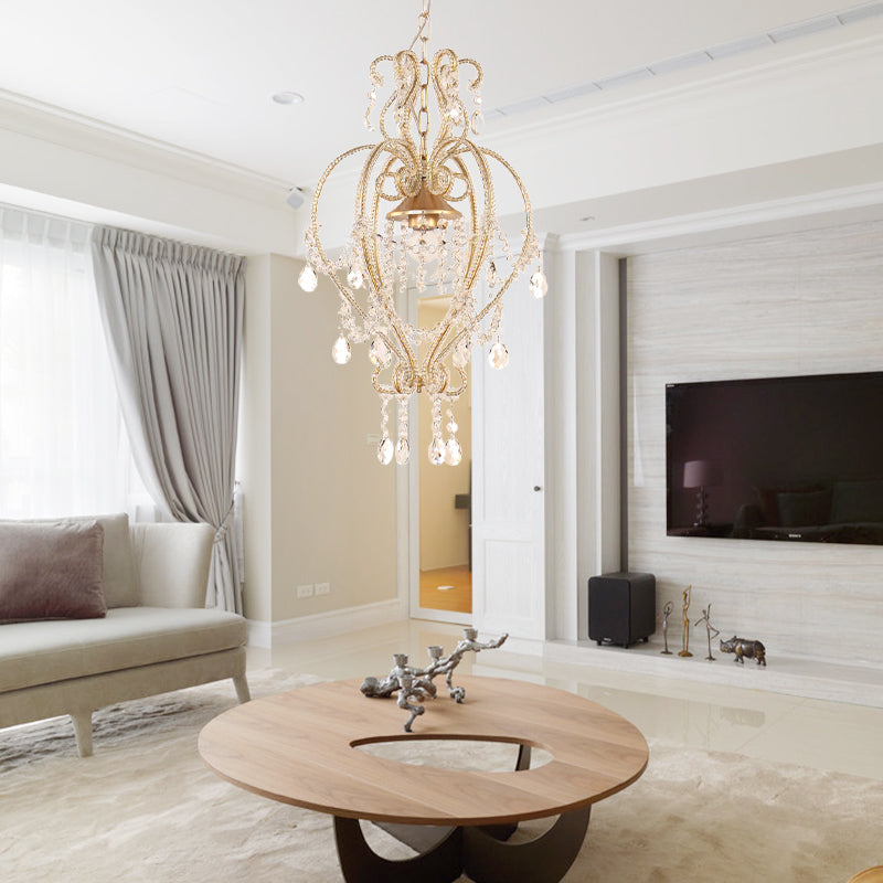 Victorian Scroll Pendant Lamp With Crystal Accent - Single Golden Ceiling Light