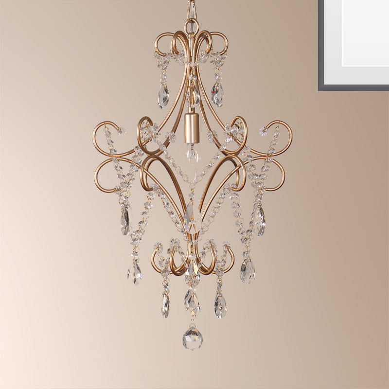 French Curvy Armed Ceiling Lamp With Crystal Draping In Gold - Metal Pendant