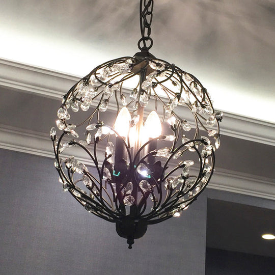 Floral Sphere Hanging Chandelier: Traditional 3-Light Black/Bronze Iron Lamp With Crystal Accent