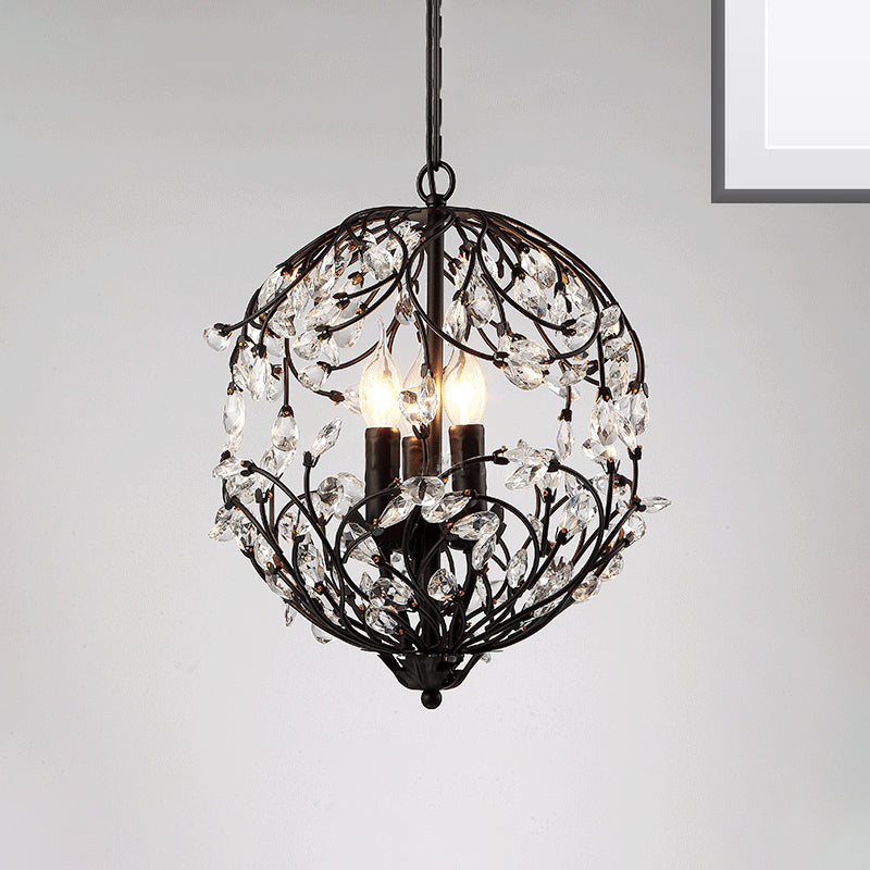 Floral Sphere Hanging Chandelier: Traditional 3-Light Black/Bronze Iron Lamp With Crystal Accent