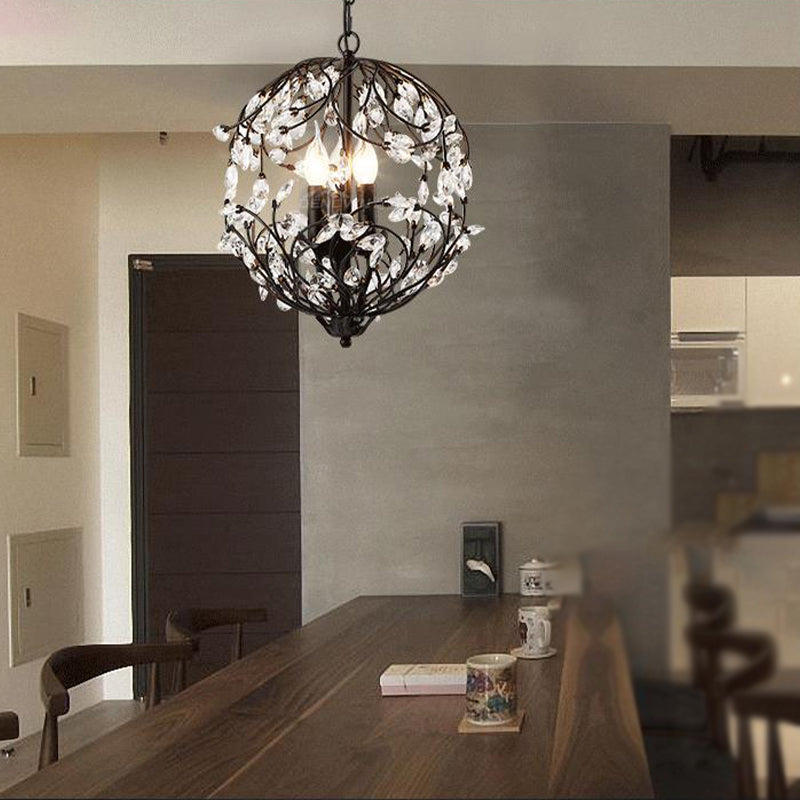 Floral Sphere Hanging Chandelier: Traditional 3-Light Black/Bronze Iron Lamp With Crystal Accent