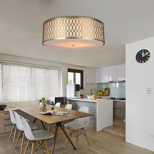 Traditional White Round Ceiling Mounted Lamp With Gold Metal Mesh Frame - 4-Light Fabric Flush Light
