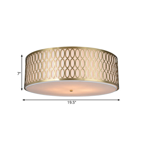 Traditional White Round Ceiling Mounted Lamp With Gold Metal Mesh Frame - 4-Light Fabric Flush