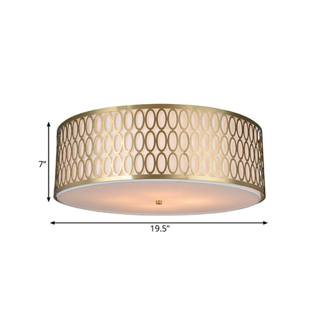 Traditional White Round Ceiling Mounted Lamp With Gold Metal Mesh Frame - 4-Light Fabric Flush Light