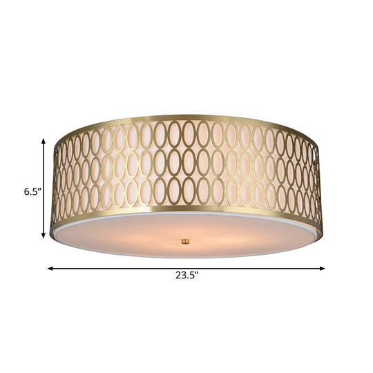 Traditional White Round Ceiling Mounted Lamp With Gold Metal Mesh Frame - 4-Light Fabric Flush Light