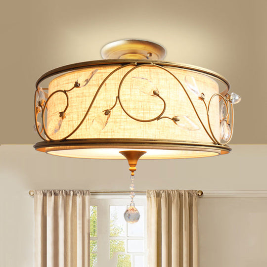 Golden 3-Light Semi Flush Lamp - Traditional Metal Ceiling Light With Crystal Element 14’/16’